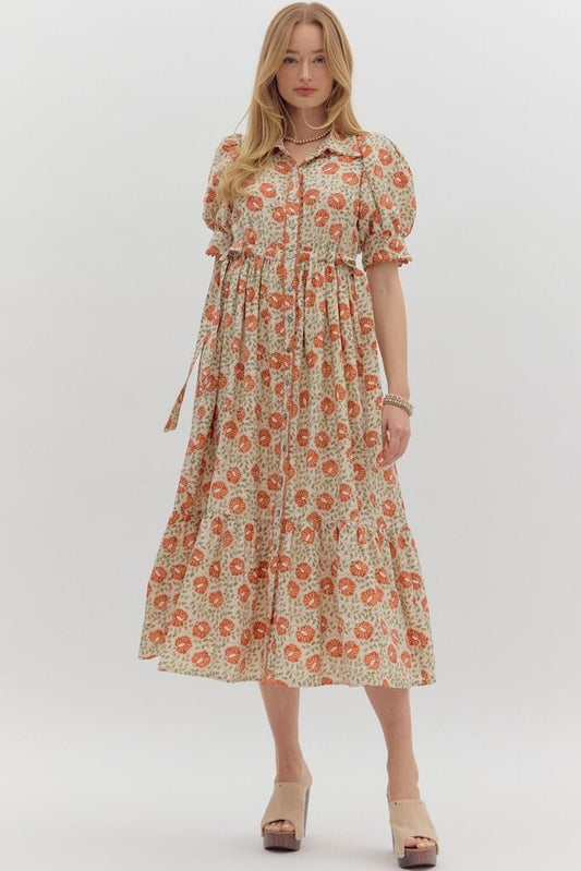 LEONA RUST FLORAL SCALLOP TRIM MIDI DRESS