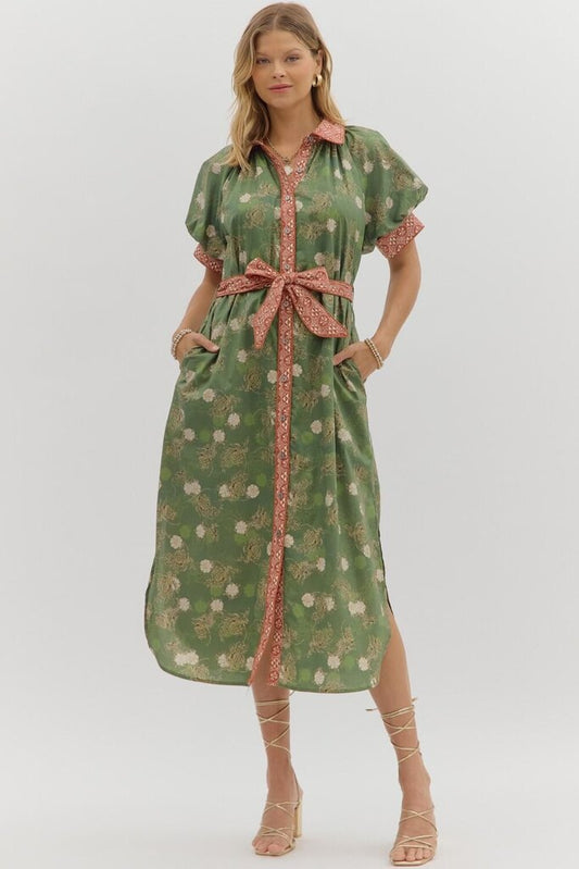 REMINGTON GREEN & RUST PRINT BELTED DRESS