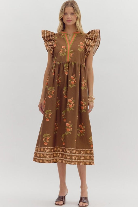 JENNIFER BROWN & ORANGE FLORLA MIDI DRESS