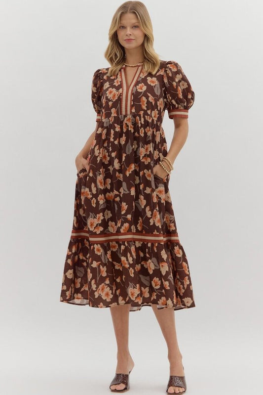 WINNIE BROWN FLORAL MIDI DRESS WITH CUFFS