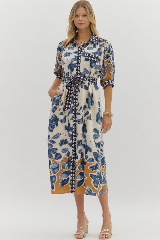 BRINLEY BOTANICAL PRINT BELTED DRESS