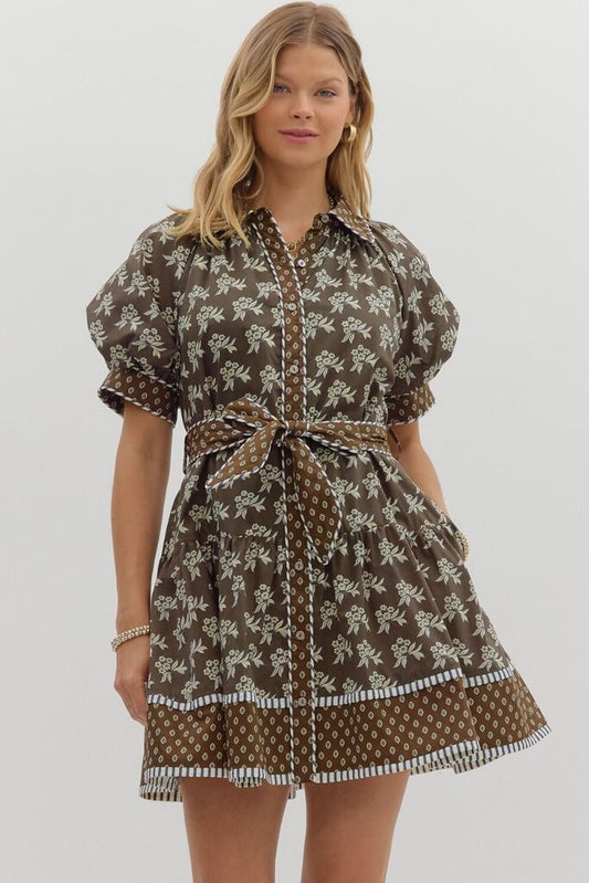 MAREN BROWN BLOCK PRINT BELTED DRESS