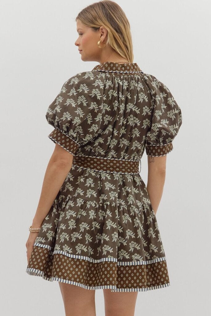 MAREN BROWN BLOCK PRINT BELTED DRESS