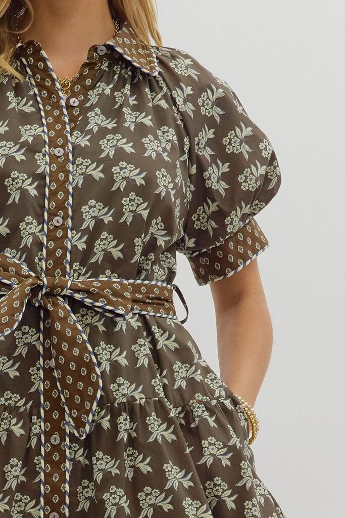 MAREN BROWN BLOCK PRINT BELTED DRESS