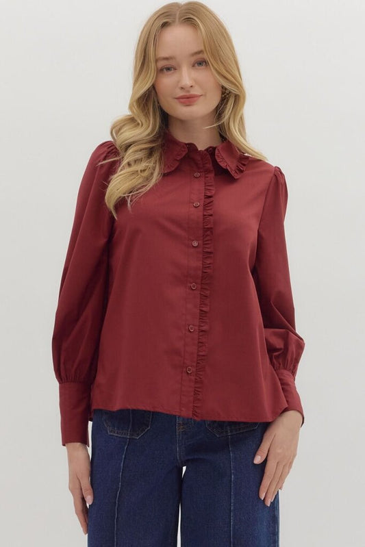 PIPER BURGUNDY RUFFLE DETAIL TOP