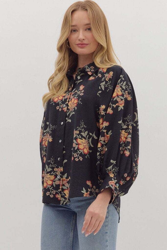 BRIELLE BLACK FLORAL LONG SLEEVE TOP