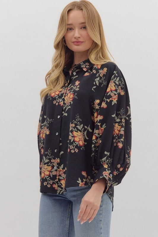 BRIELLE BLACK FLORAL LONG SLEEVE TOP