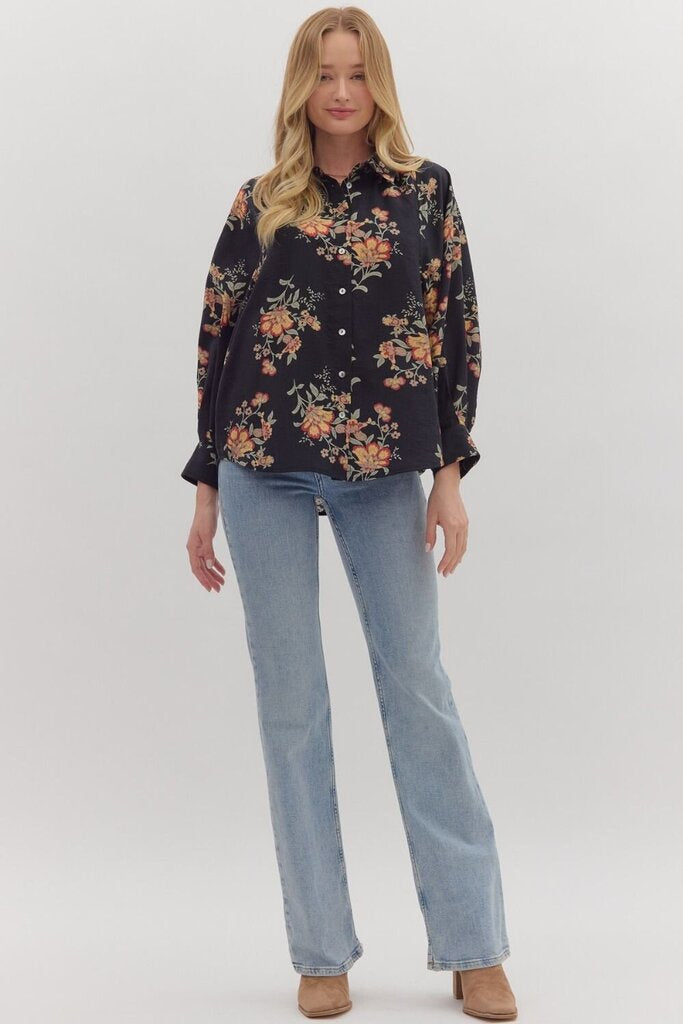 BRIELLE BLACK FLORAL LONG SLEEVE TOP