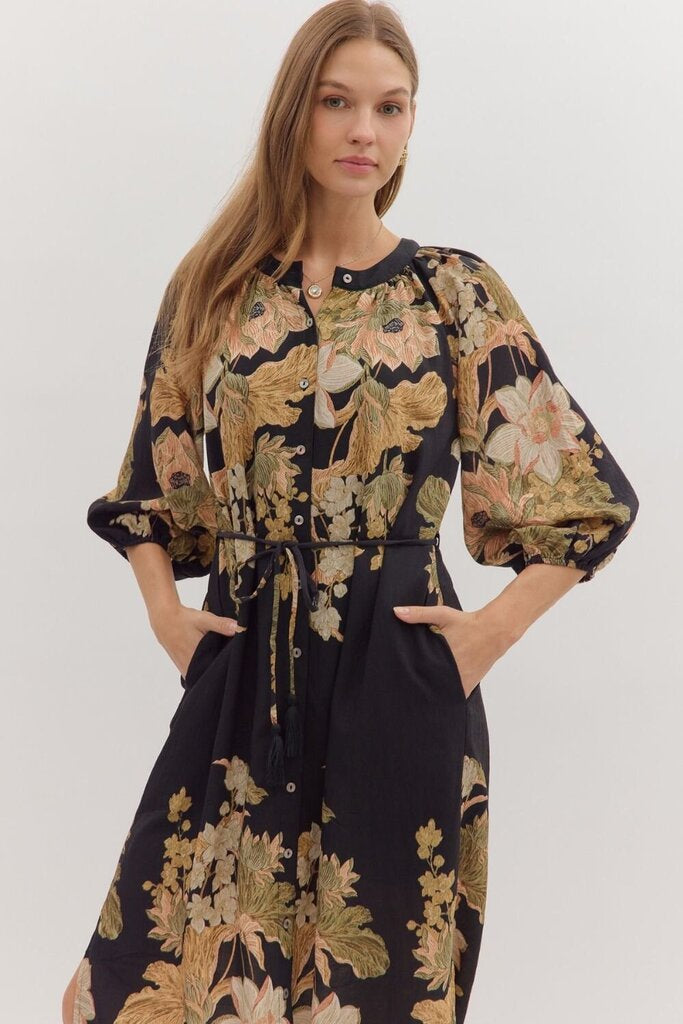MARY BLACK FLORAL MIDI DRESS
