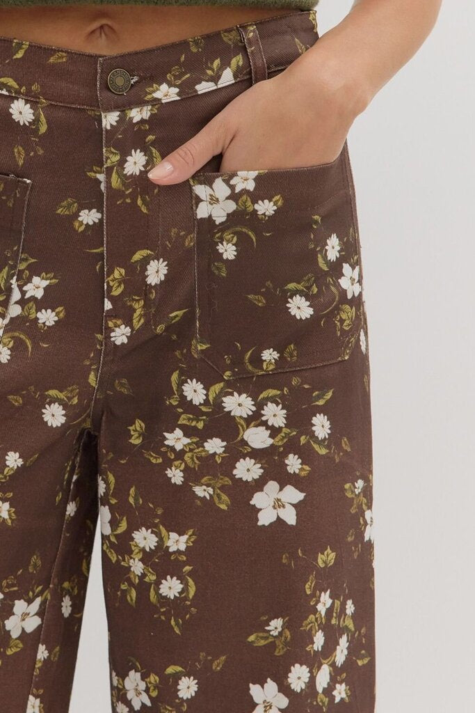 AMARA BROWN FLORAL HIGH WAIST WIDE PANTS