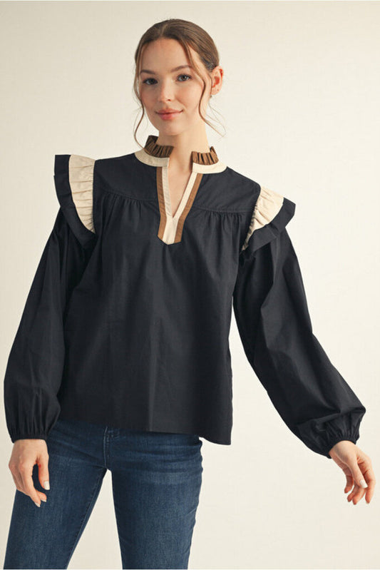 EVELYN BLACK TOP WITH STRIPED BAND