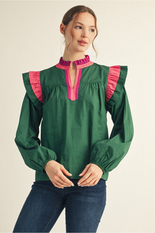 EVELYN HUNTER GREEN TOP WITH STRIPED BAND