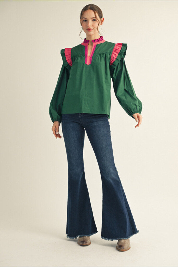 EVELYN HUNTER GREEN TOP WITH STRIPED BAND