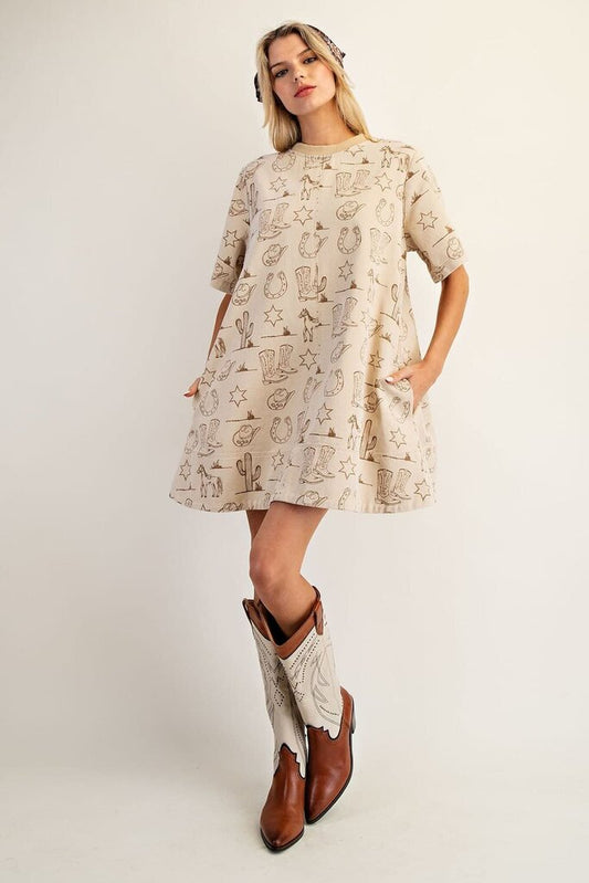 SIENNA MINERAL WASHED WESTERN PRINT DRESS