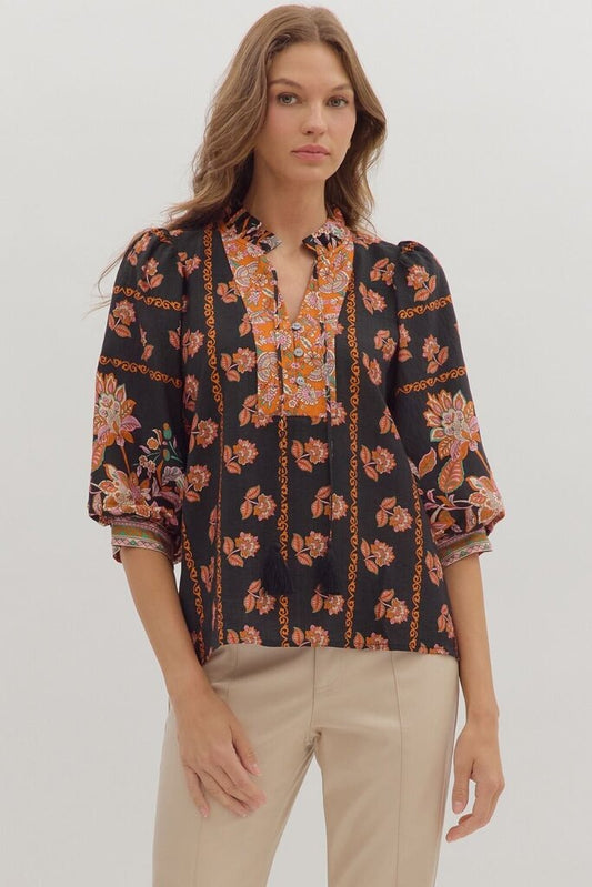 SAMANTHA BLACK BOTANICAL PRINT TOP
