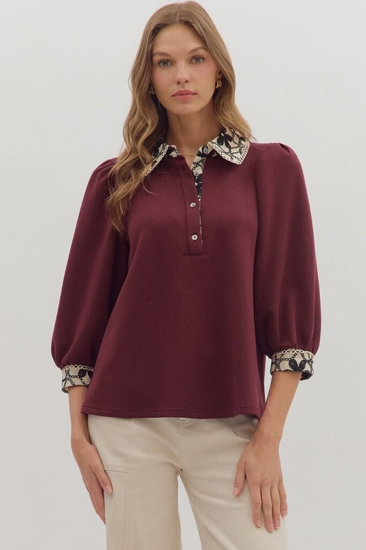 OAKLEY DARK MAROON CONTRAST COLLAR TOP