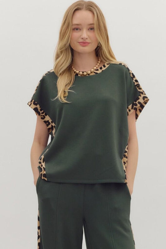 JULIET DARK GREEN LEOPARD TRIM TOP