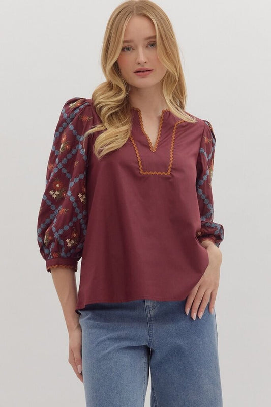 SLOANE BURGUNDY EMBROIDERED SCALLOP TRIM TOP