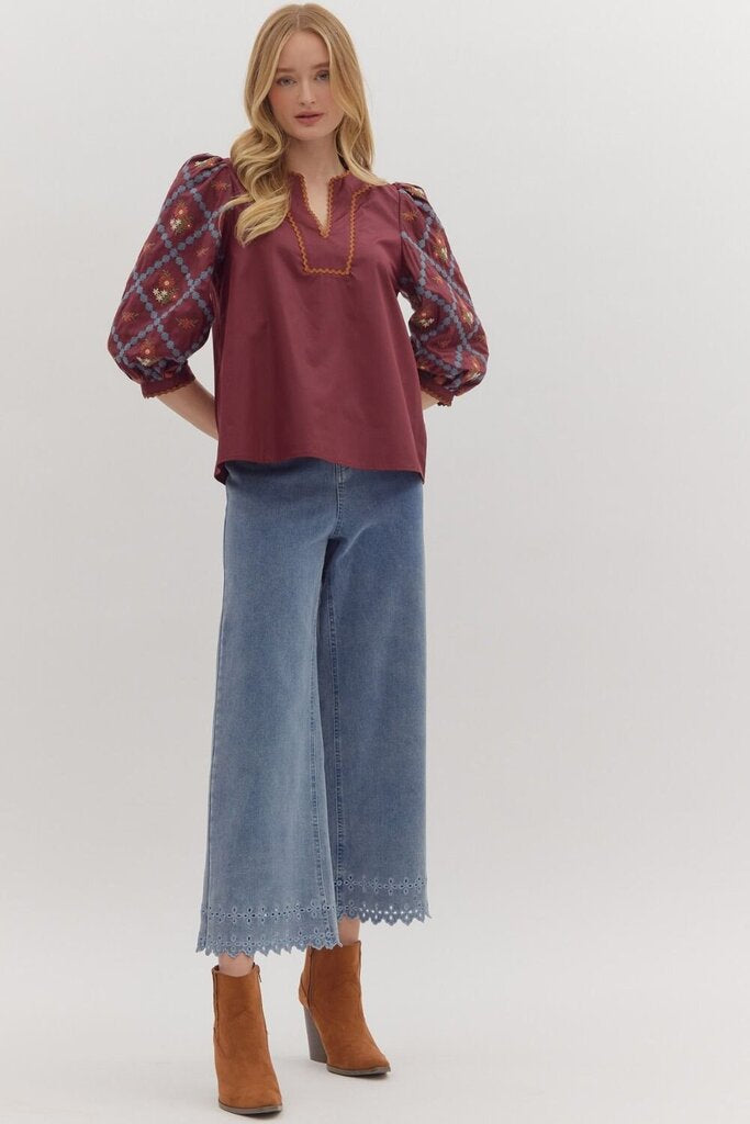 SLOANE BURGUNDY EMBROIDERED SCALLOP TRIM TOP