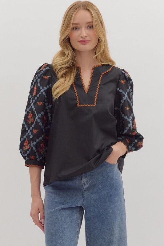 SLOANE BLACK EMBROIDERED SCALLOP TRIM TOP