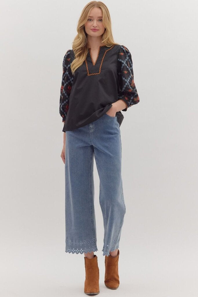 SLOANE BLACK EMBROIDERED SCALLOP TRIM TOP
