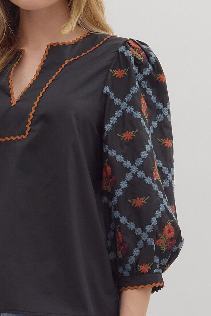 SLOANE BLACK EMBROIDERED SCALLOP TRIM TOP