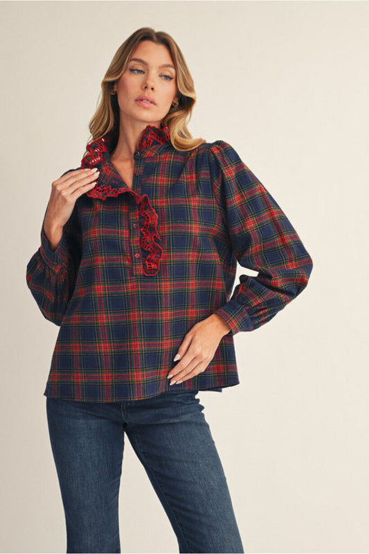 RAEGAN NAVY PLAID RUFFLE TOP
