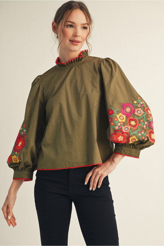 GEMMA OLIVE EMBROIDERED TOP
