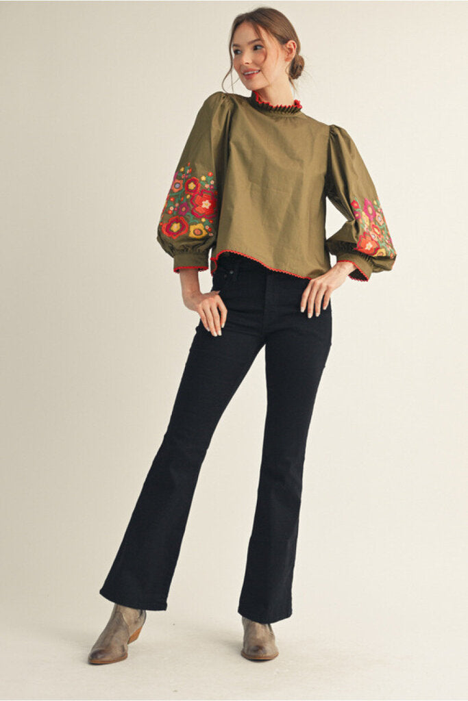 GEMMA OLIVE EMBROIDERED TOP