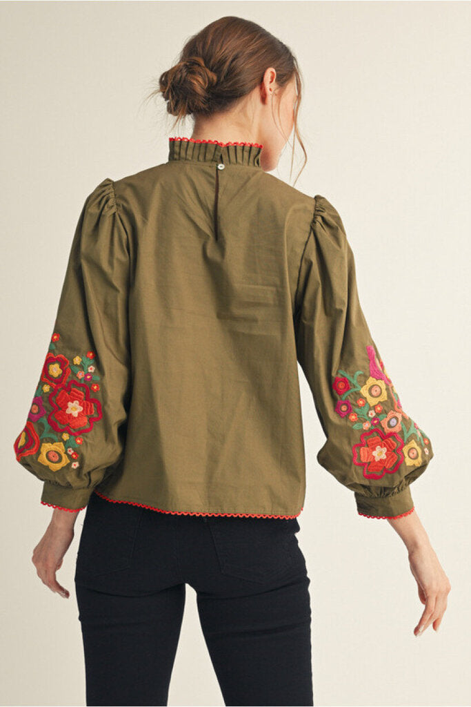 GEMMA OLIVE EMBROIDERED TOP