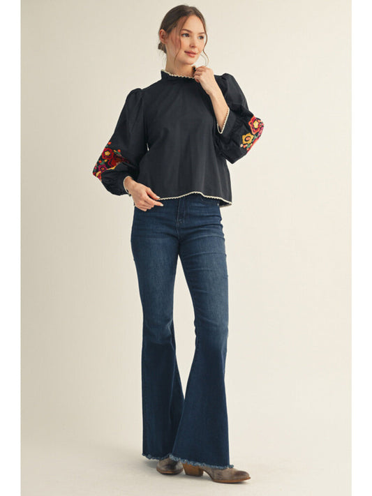 GEMMA BLACK EMBROIDERED TOP