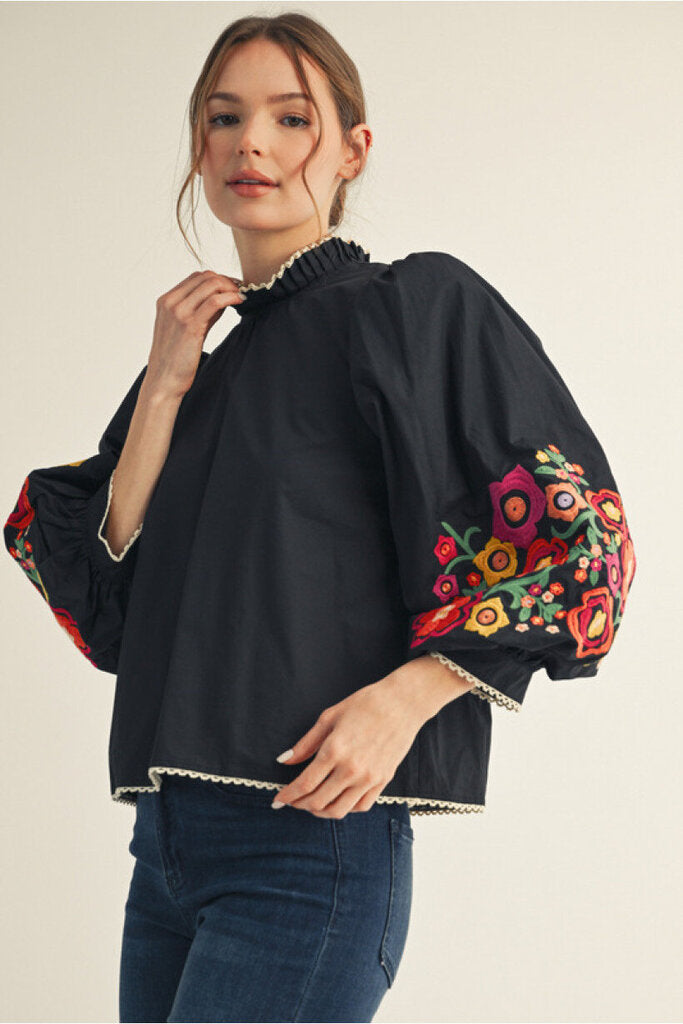 GEMMA BLACK EMBROIDERED TOP