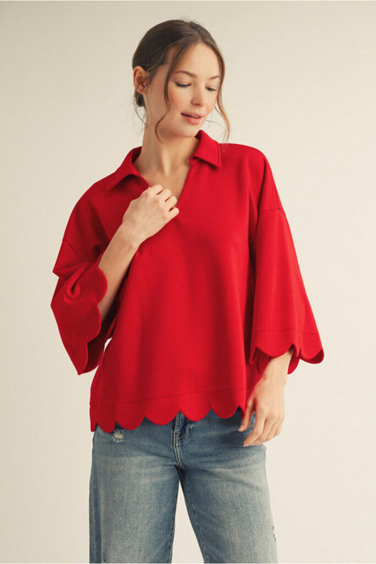 KAYLEE RED SCALLOPED EDGE PULLOVER