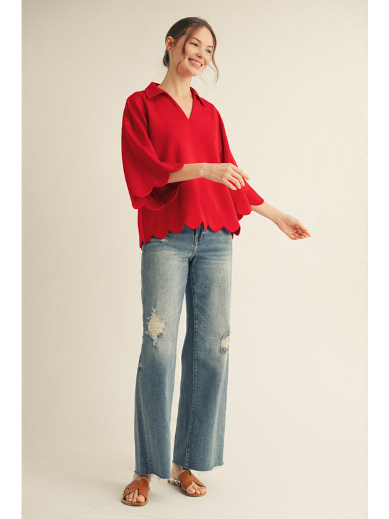 KAYLEE RED SCALLOPED EDGE PULLOVER