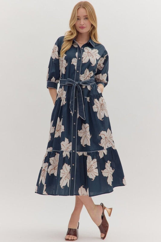 JASMINE NAVY FLORAL BELTED MIDI DRESS