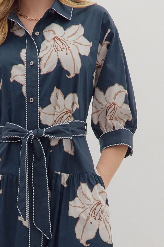 JASMINE NAVY FLORAL BELTED MIDI DRESS