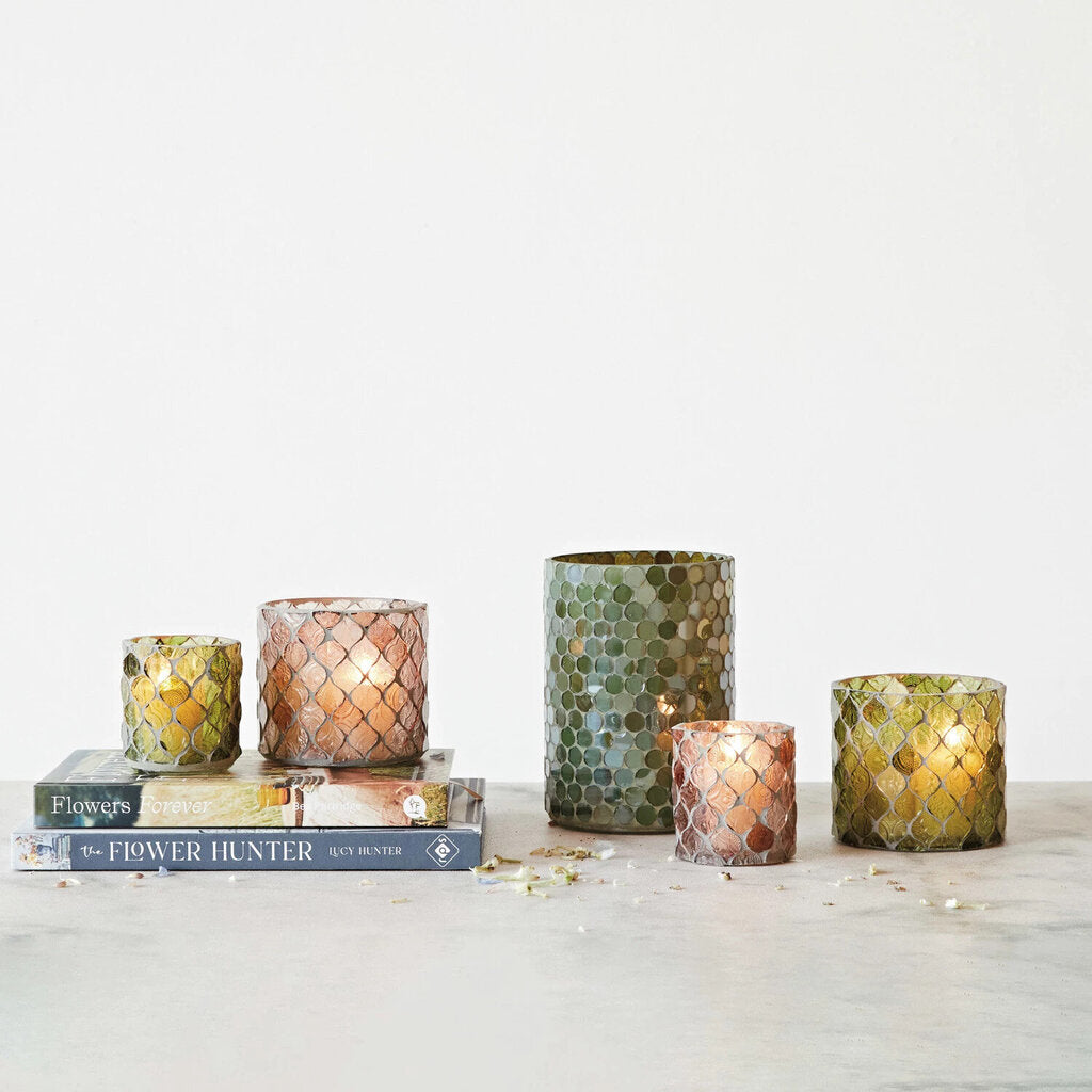 GREEN RECYCLED GLASS MOSAIC VOTIVE HOLDER